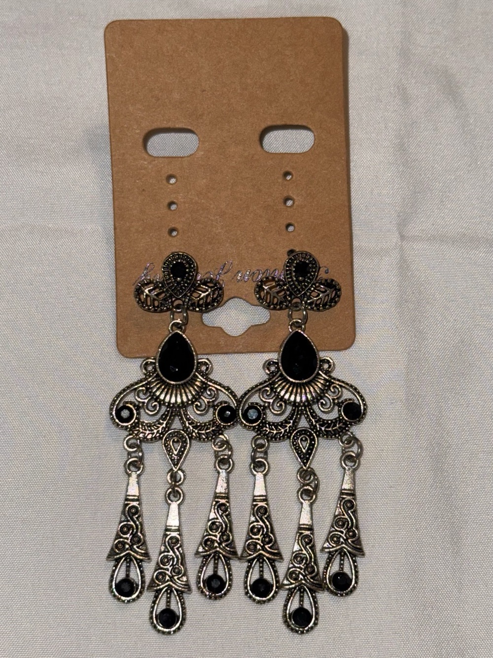 Silver-Tone Black Teardrop Filigree Chandelier Earrings